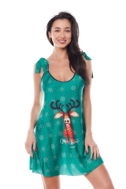 Anais Aster - zielona koszulka nocna ze świątecznym reniferem, 2XL/3XL