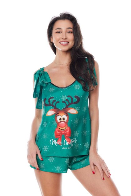 Anais Aster - świąteczny komplet piżamowy z reniferem, zielony, L/XL