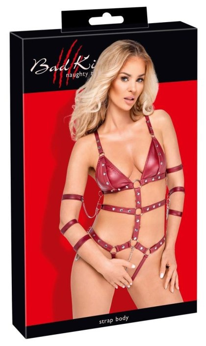 Bad Kitty Strap Body - czerwone body z pasków z otwartym krokiem, L