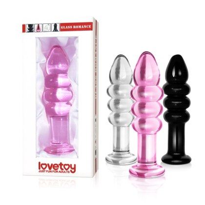 Lovetoy Glass Romance - prążkowany szklany korek analny 14 cm, różowy