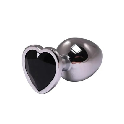Silver small heart-shaped butt plug with black crystal