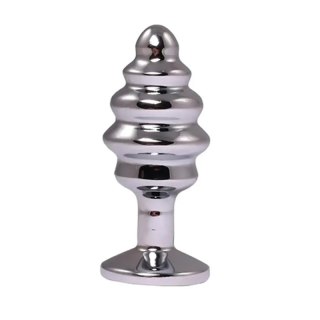 Silver small ribbed butt plug with red crystal