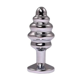 Silver small ribbed butt plug with white crystal