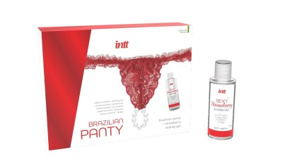 Brazilian Panty - koronkowe figi z perłą i żel truskawkowy, czerwone