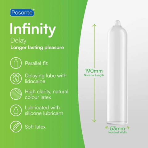 Pasante Delay Infinity - prezerwatywy opóźniające 53 mm, 12 szt.