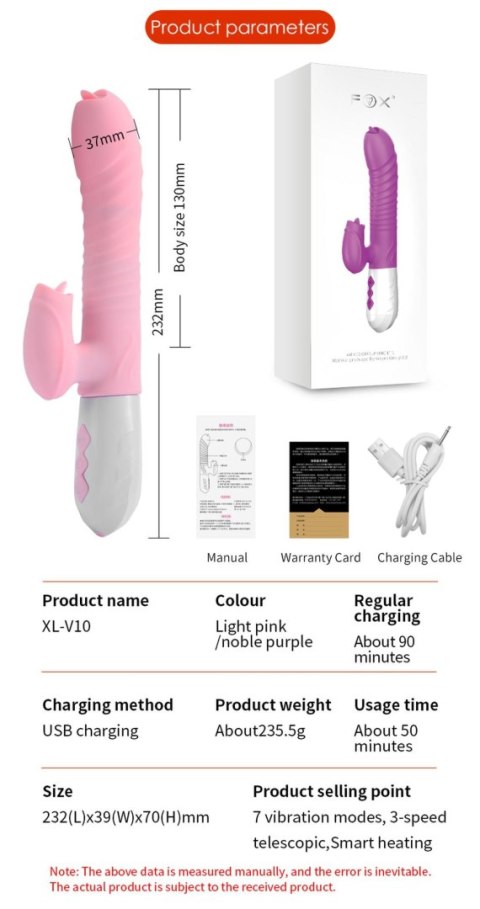 Wibrator-Silicone Vibrator USB 7 Function and Thrusting Function / Heating, pink B - Series Fox Wibrator-Silicone Vibrator USB 7 Function and Thrusting Function / Heating, pink B - Series Fox