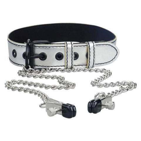 Metallic Silver Collar With Nipple Clamp Lovetoy Metallic Silver Collar With Nipple Clamp Lovetoy