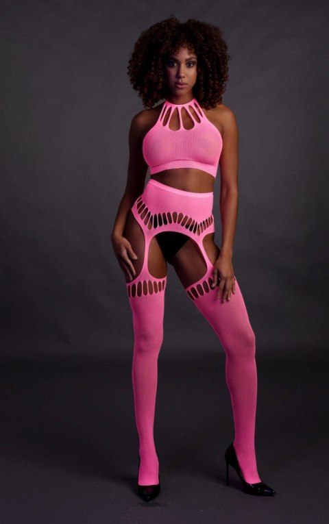Two Piece with Crop Top and Stockings - Pink - XS/XL Ouch! Two Piece with Crop Top and Stockings - Pink - XS/XL Ouch!