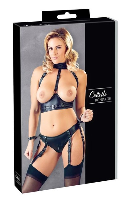 Cottelli Bondage - otwarty biustonosz i majtki z mankietami, M